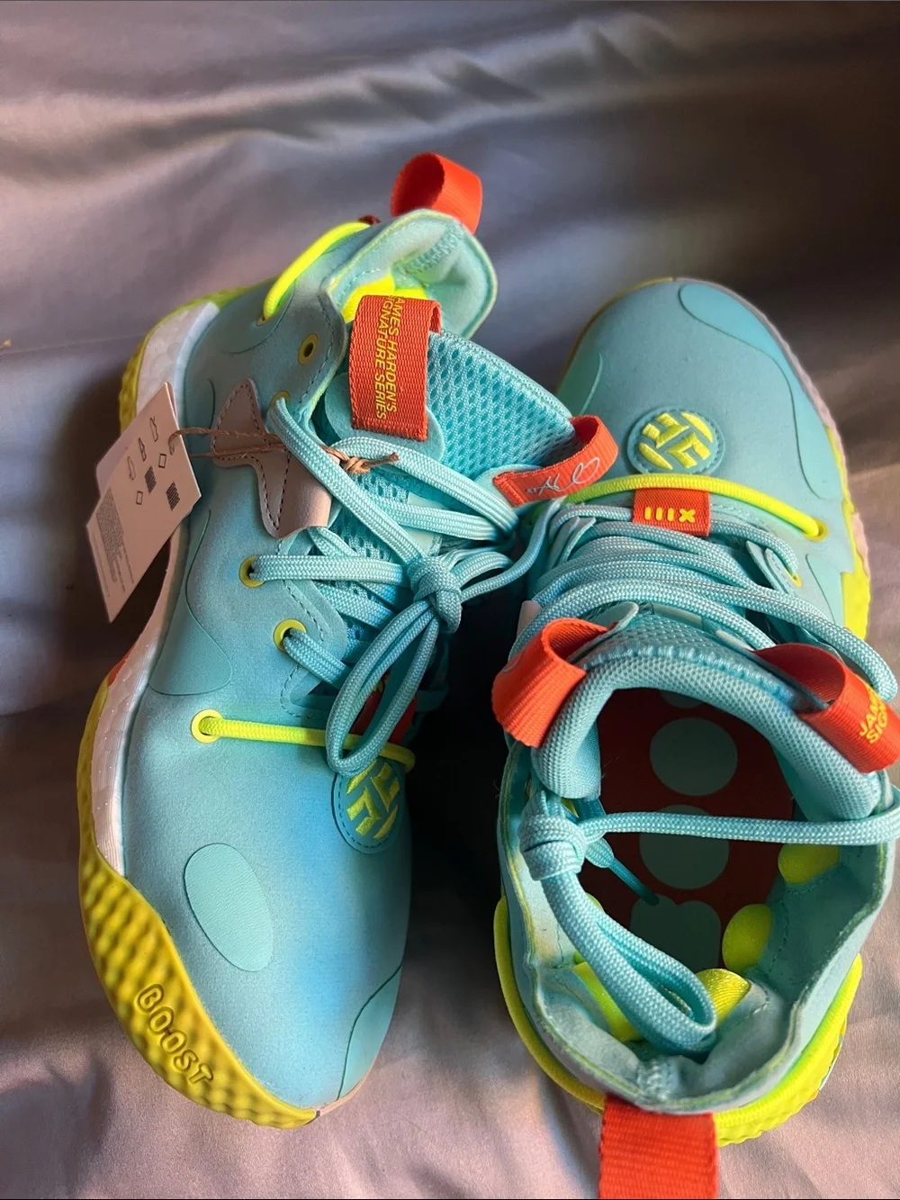 adidas Kids Aqua Sneakers with Neon Yellow and Orange Accents